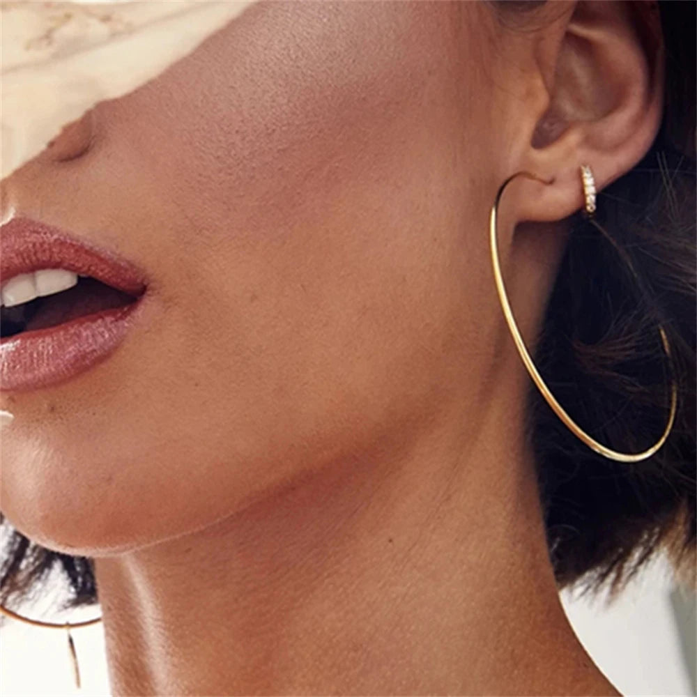 Gold Plated Smooth Round Circle Big Hoop Earrings for Women Size 12/25/30/40/50/60mm Stainless Steel Jewelry Accessories Gifts