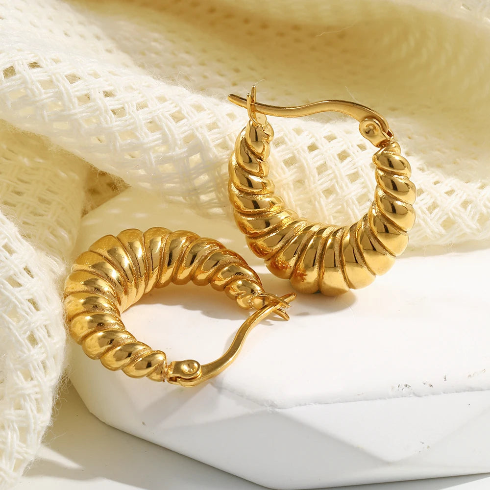 E.B.belle 316L Stainless Steel Unique Texture Circle Gold Statement Earring Chunky Croissant Hoop Earrings for Women