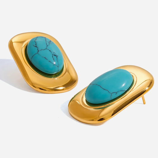 Youthway Exaggerated Blue Turquoise Stud Earrings Stainless Steel with 18k Gold Color Plating, Smooth Finish Women Earrings