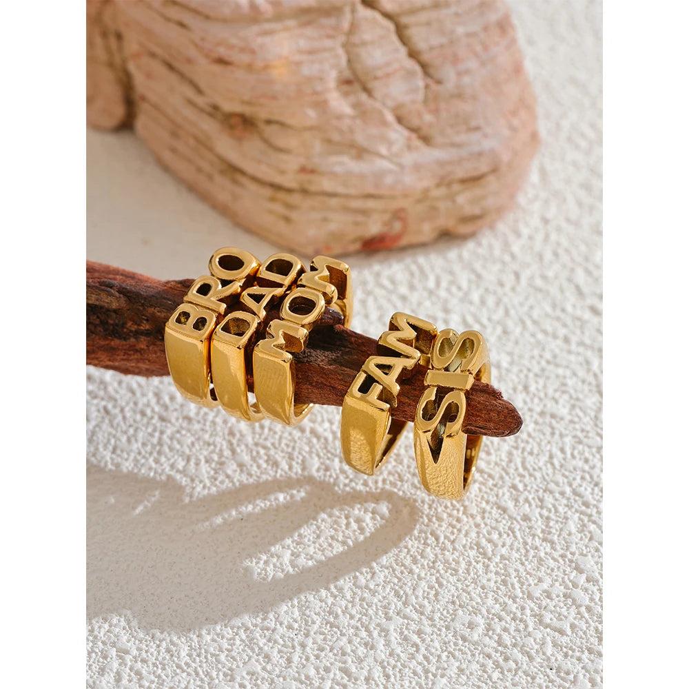 Yhpup FAM DAD SIS BRO MOM Statement Cast Family Letter Ring Stainless Steel Texture Gold Color Attractive Jewelry 18k PVD Plated