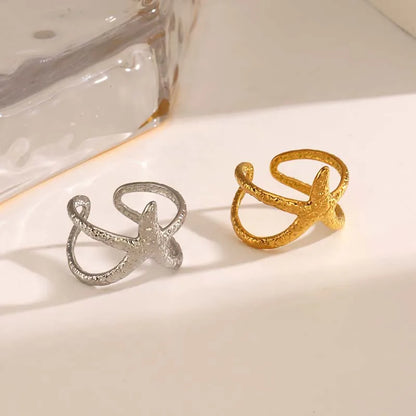 Stainless Steel Starfish Open Rings For Women Men Fashion Gold Color Irregular Textured Starfish Adjustable Ring Jewelry Gift