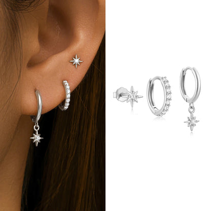 3PCS Gold Color Star Earrings Set for Women Zircon Pendant Stainless Steel Hoop Earring Trend Wedding Jewelry pendientes mujer