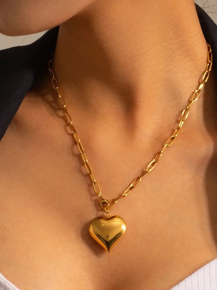Uworld 18K Gold Plated Smooth Love Charm Stainless Steel Chunky Heart Pendant Necklace Bracelet  collar acero inoxidable mujer