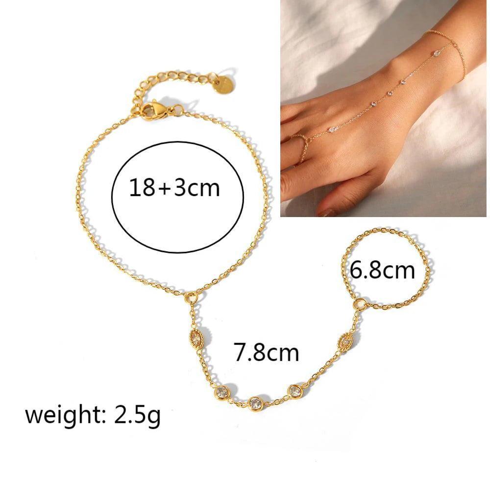 14K Yellow Gold Plated Stainless Steel Hand Chains Bracelet for Women Dainty Cubic Zirconia Bracelet and Ring Chain Body Jewelry