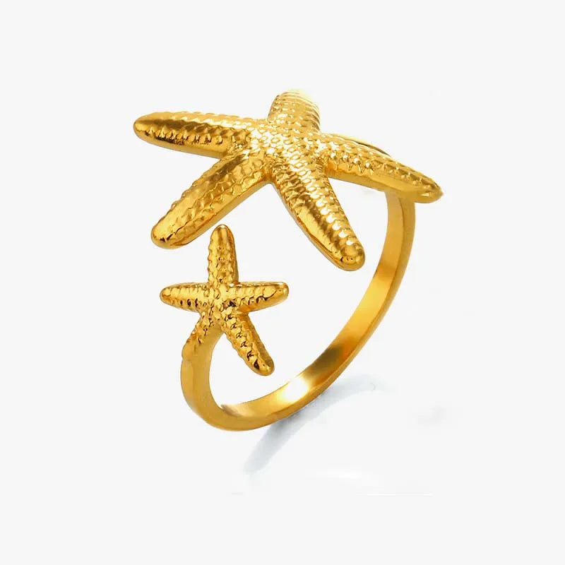 Stainless Steel Starfish Open Rings For Women Men Fashion Gold Color Irregular Textured Starfish Adjustable Ring Jewelry Gift