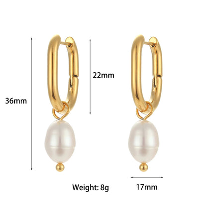 E.B.belle Waterproof Tarnish Free Jewelry Stainless Steel Gold Plated U Shape Freshwater Pearl Drop Hoop Ring Earrings For Woman