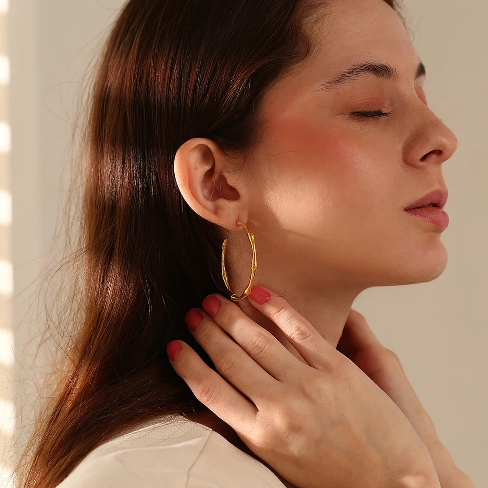 E.B.belle Minimalist Basic Thin Bamboo Large Gold Hoop Earrings For Women Stainless Steel Gold Plated Waterproof Female Big Hoop