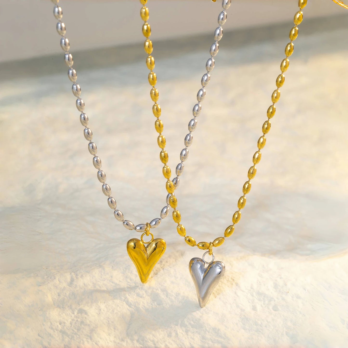 18K Gold Plated Stainless Steel Heart Pendant Bead Chain Necklace for Women, Love Symbol Hypoallergenic Dainty Jewelry Gift
