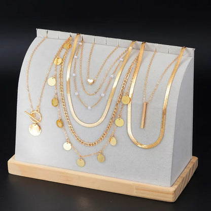 9 Pcs Multi-layered Gold Color Necklace Set for Women Fashion Zircon Pearl Heart Butterfly Star Moon Snake Pendant Necklaces Set