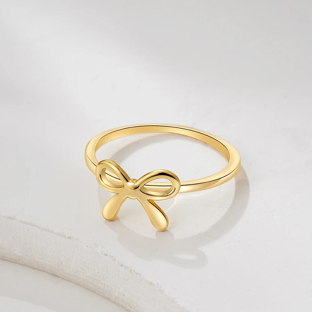 Minimalist Fashion Gold Color Stainless Steel Bow Rings Metal Waterproof Attractive Women Jewelry Accessories