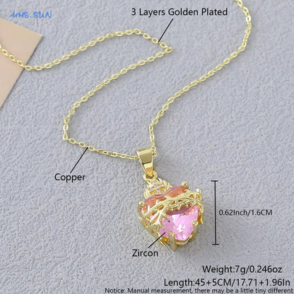 MHS.SUN Gold Plated Sacred Heart of Jesus Cross Necklace Red Zircon Religious Catholic Pendant Necklaces For Women Girls Jewelry