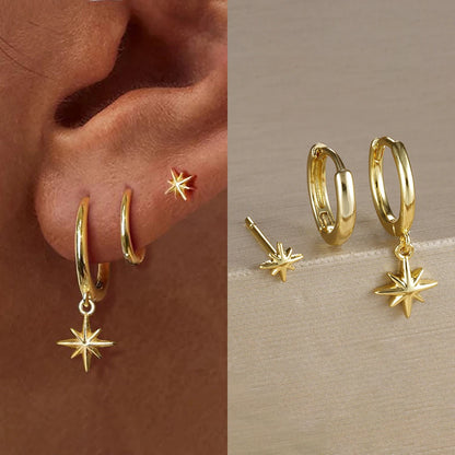3PCS Gold Color Star Earrings Set for Women Zircon Pendant Stainless Steel Hoop Earring Trend Wedding Jewelry pendientes mujer