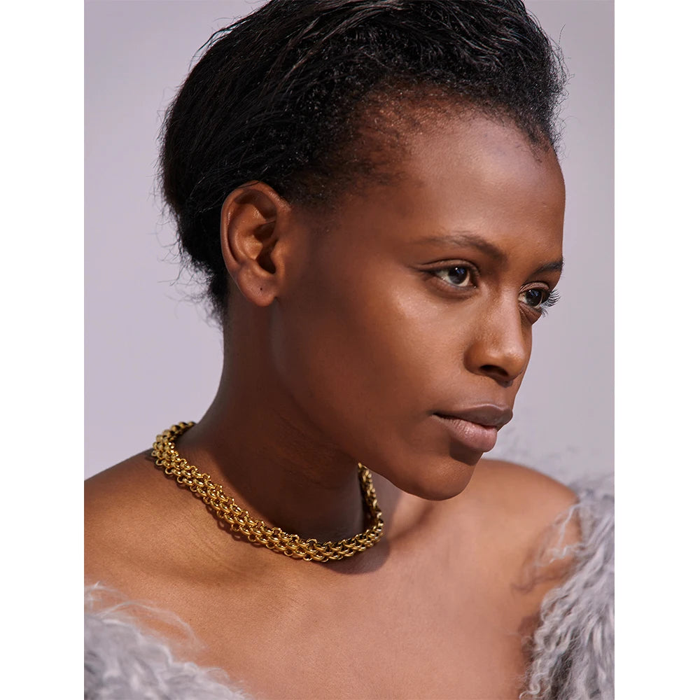 Yhpup Waterproof 18K Gold Plated Stainless Steel Metal Cuban Chain Statement Necklace Bracelet Set Charm Fashion Jewelry Women