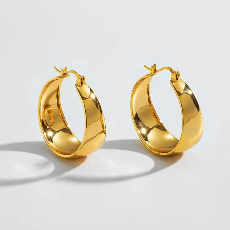 30mm Stainless Steel Gold Plated Smooth Wide Hoop Earrings for Women Large Circle Earring Statement Jewelry Gift