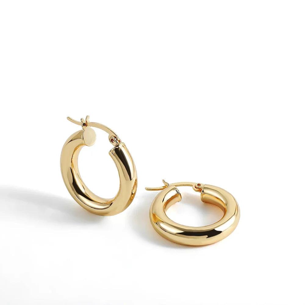 Smooth Round Chunky Hoop Earrings for Women Girls Gold Plated Wide Thick Geometric Metal Statement Earrings Vintage Jewelry Gift