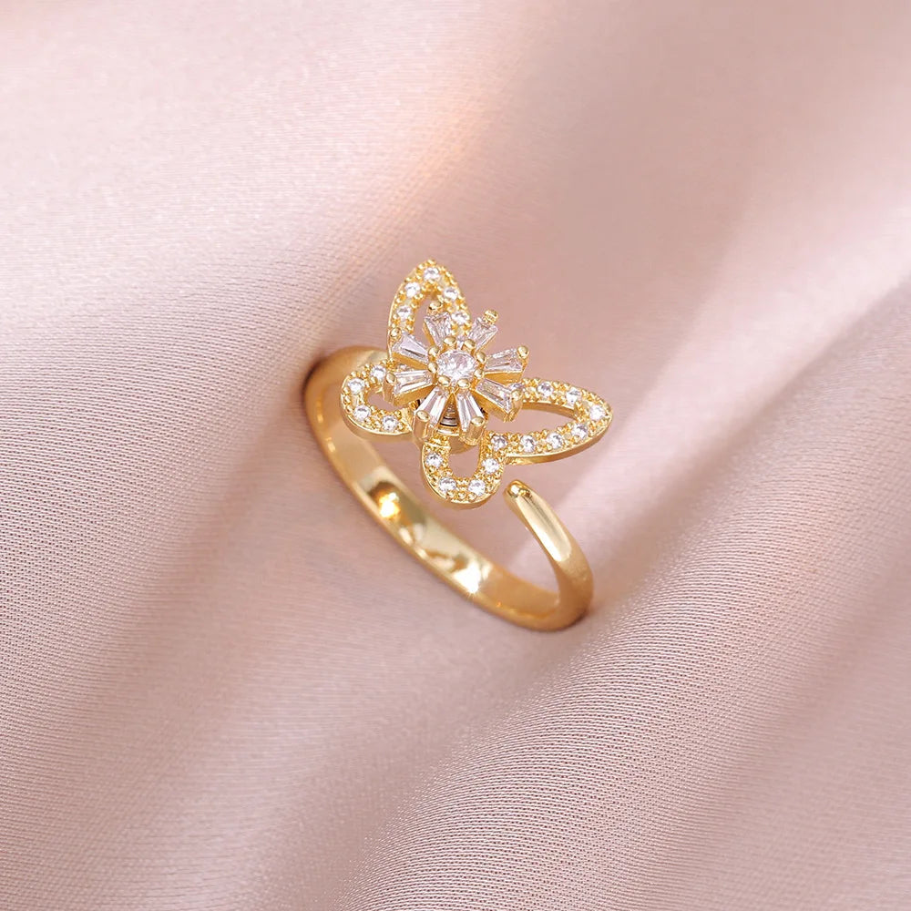 Flower Cubic Zirconia Size Adjustable Rings For Women Gold Copper Metal Ring Party Jewelry