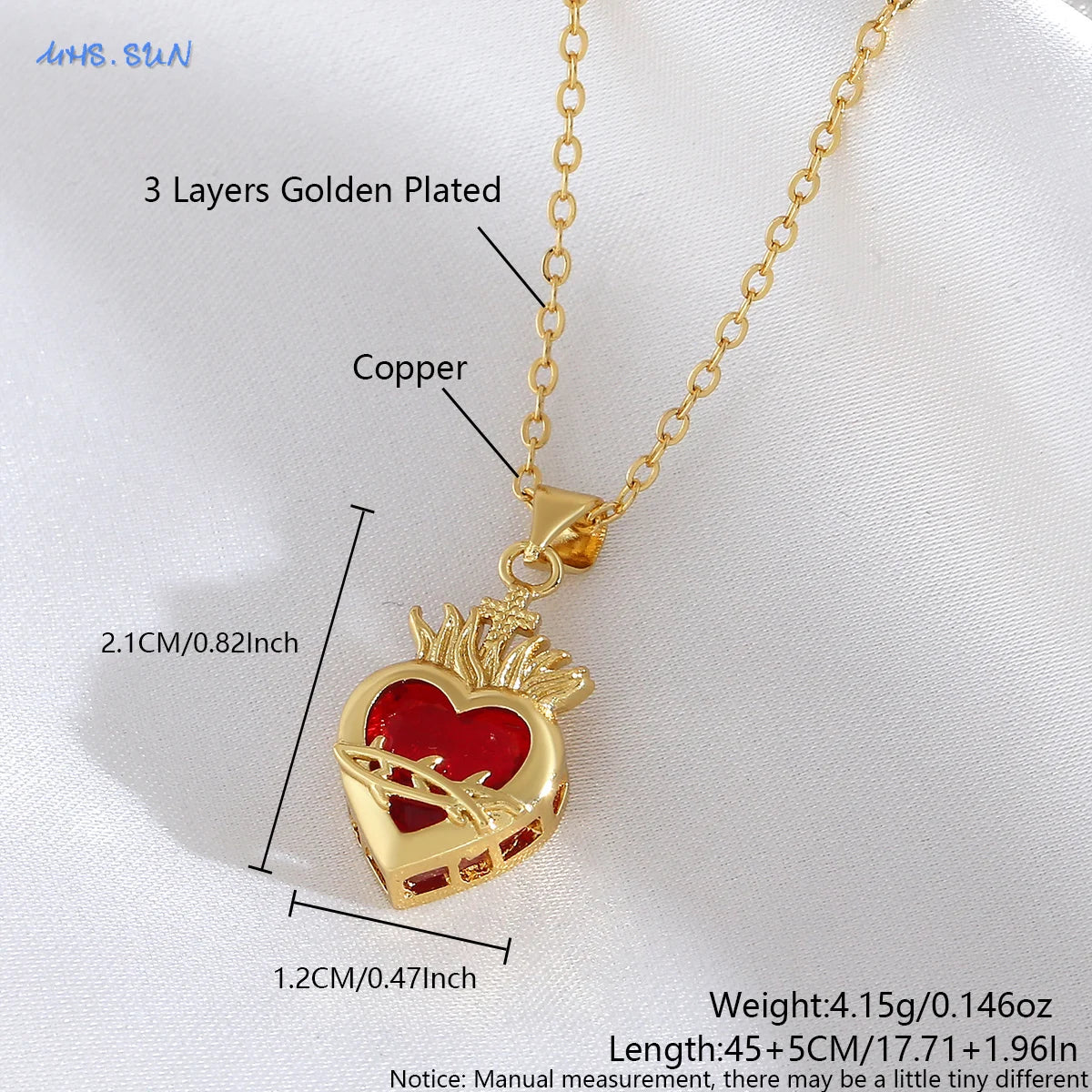 MHS.SUN Gold Plated Sacred Heart of Jesus Cross Necklace Red Zircon Religious Catholic Pendant Necklaces For Women Girls Jewelry