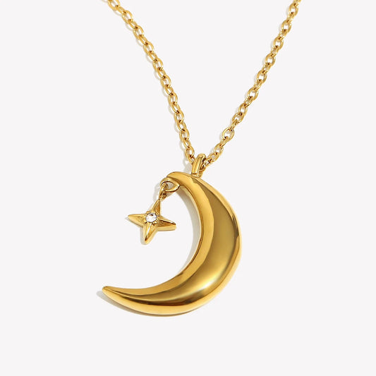 E.B.belle Creative Crescent Moon Star Pendant Necklace 18K Gold Plated Stainless Steel Women Party Statement Jewerly Accessories