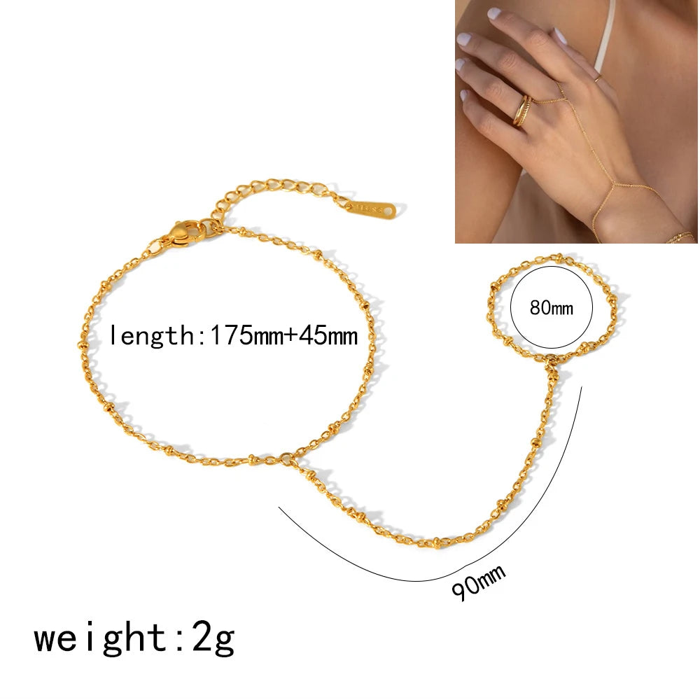 14K Yellow Gold Plated Stainless Steel Hand Chains Bracelet for Women Dainty Cubic Zirconia Bracelet and Ring Chain Body Jewelry
