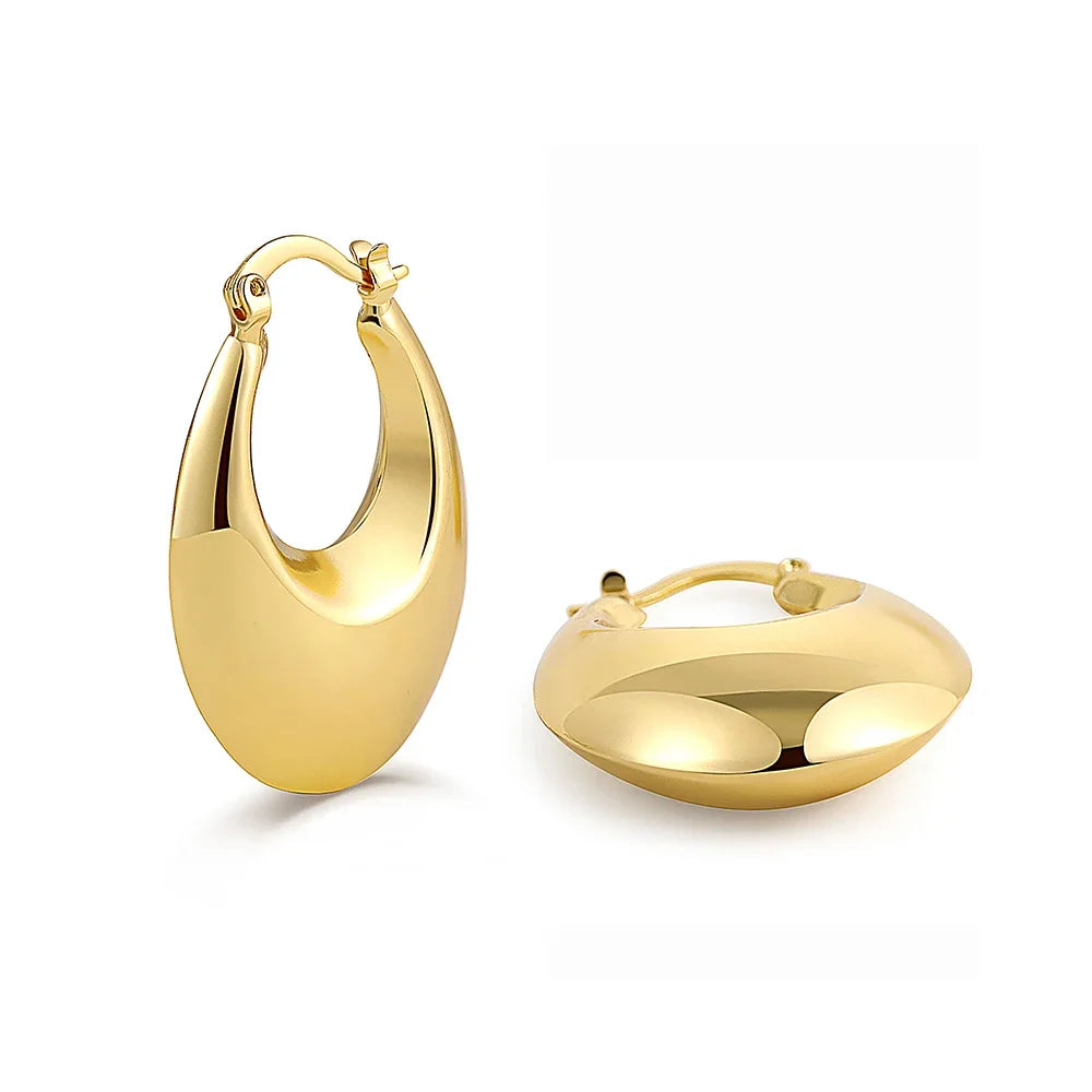 Smooth Round Chunky Hoop Earrings for Women Girls Gold Plated Wide Thick Geometric Metal Statement Earrings Vintage Jewelry Gift