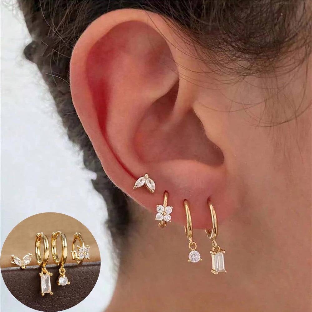 4pcs Fashion Cubic Zirconia Flower Hoop Earrings Set 18K Gold Plated Stainless Steel Stud Earring Piercing Jewelry aretes mujer