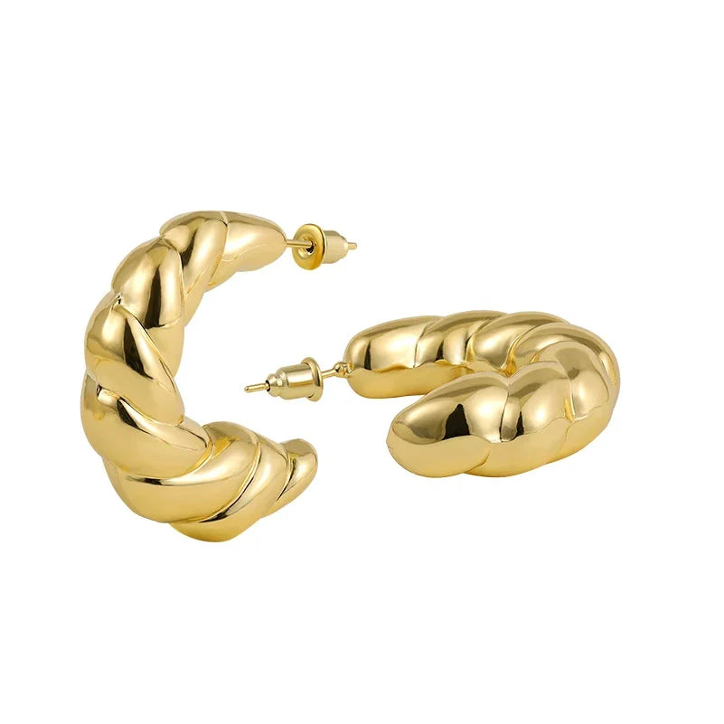 Smooth Round Chunky Hoop Earrings for Women Girls Gold Plated Wide Thick Geometric Metal Statement Earrings Vintage Jewelry Gift