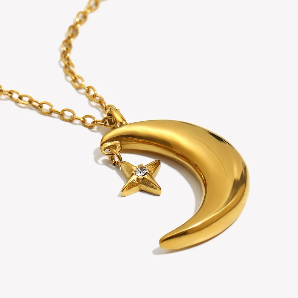 E.B.belle Creative Crescent Moon Star Pendant Necklace 18K Gold Plated Stainless Steel Women Party Statement Jewerly Accessories