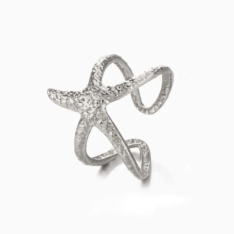 Stainless Steel Starfish Open Rings For Women Men Fashion Gold Color Irregular Textured Starfish Adjustable Ring Jewelry Gift