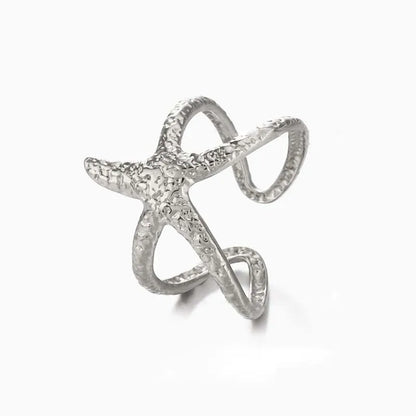 Stainless Steel Starfish Open Rings For Women Men Fashion Gold Color Irregular Textured Starfish Adjustable Ring Jewelry Gift