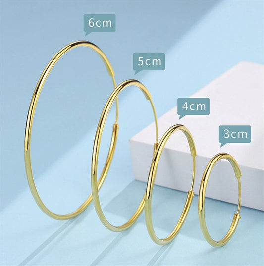 Gold Plated Smooth Round Circle Big Hoop Earrings for Women Size 12/25/30/40/50/60mm Stainless Steel Jewelry Accessories Gifts