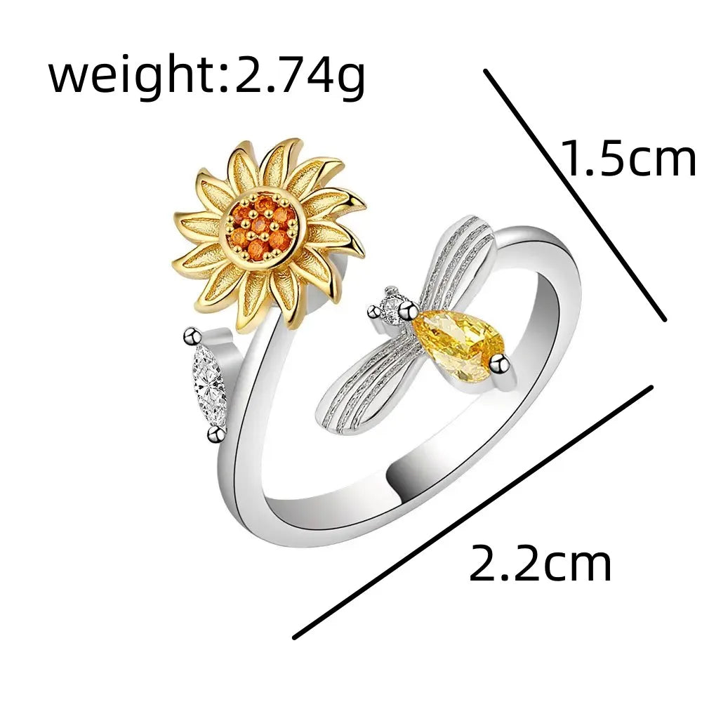 Flower Cubic Zirconia Size Adjustable Rings For Women Gold Copper Metal Ring Party Jewelry