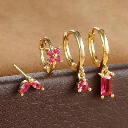 4pcs Fashion Cubic Zirconia Flower Hoop Earrings Set 18K Gold Plated Stainless Steel Stud Earring Piercing Jewelry aretes mujer