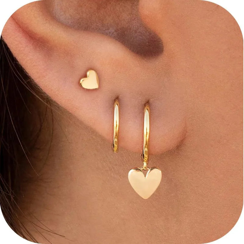 3 Pairs Gold Plated Stainless Steel Stud Earrings Set Heart Moon Star Small Hoop Earrings For Women