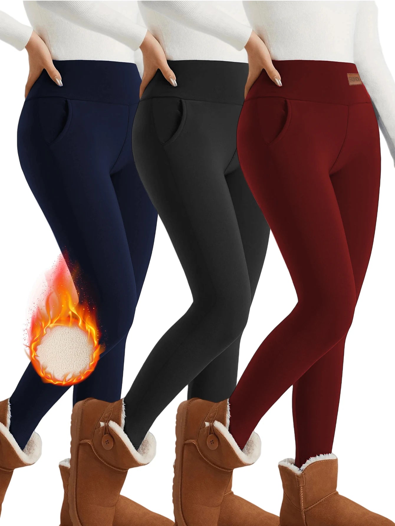 【3 Pack Winter Warm Pants】Fleece Lined High Waist Leggings for Women, Black+Navy+Wine Red Thickened Thermal Trousers, Windproof