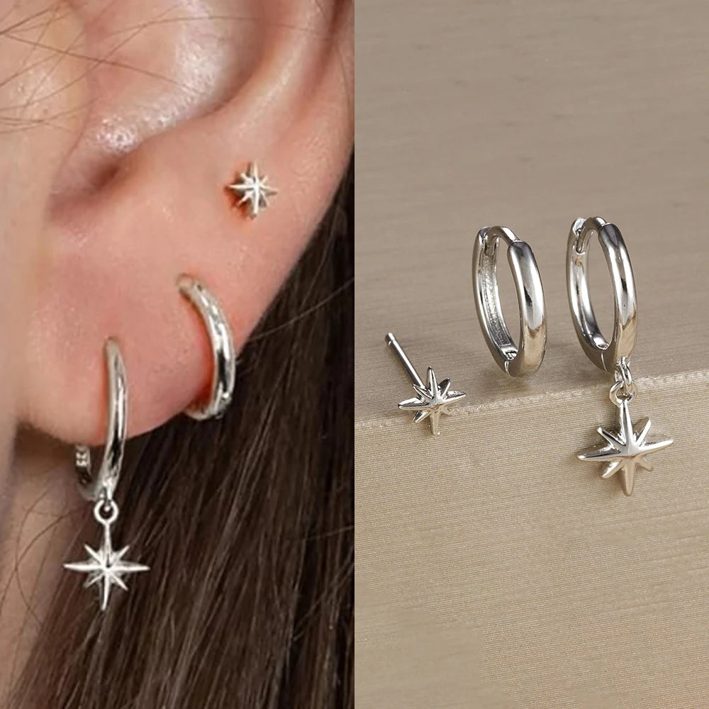 3PCS Gold Color Star Earrings Set for Women Zircon Pendant Stainless Steel Hoop Earring Trend Wedding Jewelry pendientes mujer