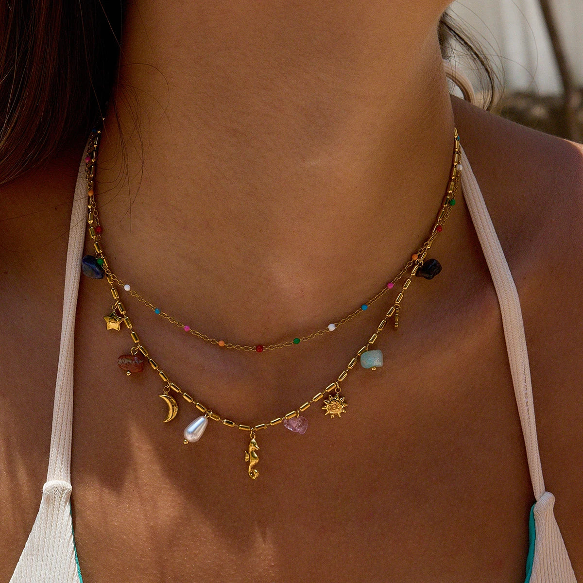 Zora 18K Gold Plated Stainless Steel Double Layer Multi Charm Pendant Necklace Colorful Natural Stone Daily Party Women Jewelry