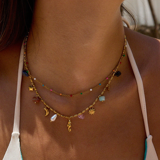 Zora 18K Gold Plated Stainless Steel Double Layer Multi Charm Pendant Necklace Colorful Natural Stone Daily Party Women Jewelry