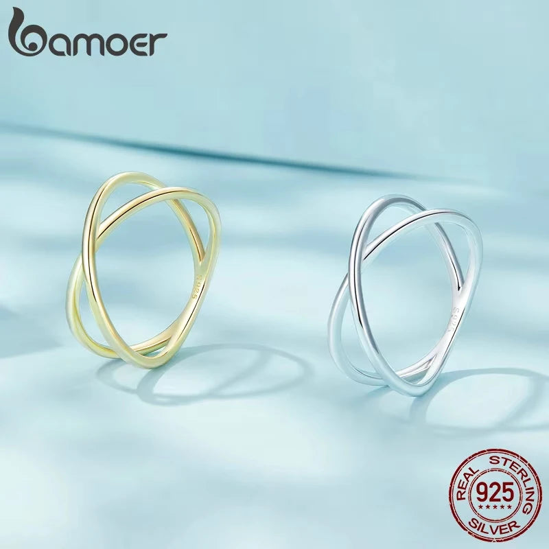 BAMOER 14K Gold Plated X Ring Dainty Minimalist 925 Sterling Silver Cross Ring for Women Promise Jewelry 2 Colors SCR543