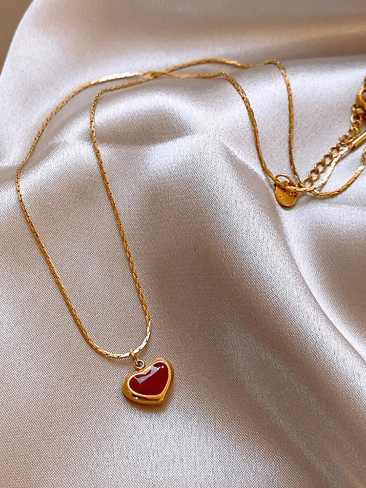 2024 Mothers Day Red Heart Pendant Stainless Steel Gold Color Chain Necklace for Women Non Fading Jewelry Sweet Accessories Gift