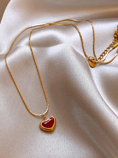 2024 Mothers Day Red Heart Pendant Stainless Steel Gold Color Chain Necklace for Women Non Fading Jewelry Sweet Accessories Gift