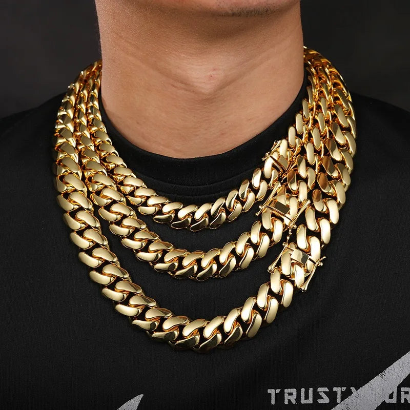 8-22mm Hip Hop Bling Gold Color Stainless Steel Dense Cuban Miami Link Chain Necklaces for 18k Gold-plated  Men Rapper Jewelry