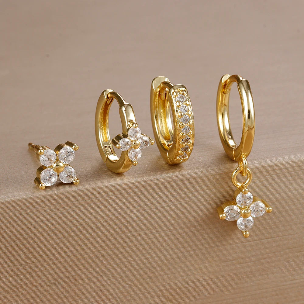 4pcs Fashion Cubic Zirconia Flower Hoop Earrings Set 18K Gold Plated Stainless Steel Stud Earring Piercing Jewelry aretes mujer