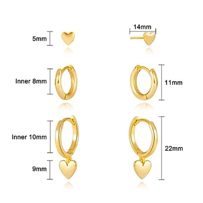 3 Pairs Gold Plated Stainless Steel Stud Earrings Set Heart Moon Star Small Hoop Earrings For Women