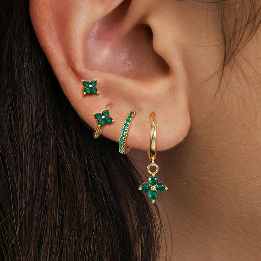 4pcs Fashion Cubic Zirconia Flower Hoop Earrings Set 18K Gold Plated Stainless Steel Stud Earring Piercing Jewelry aretes mujer