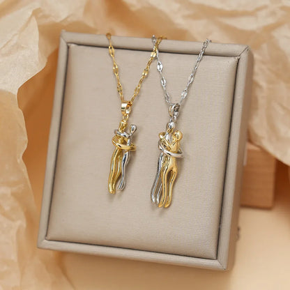 FTCY Stainless Steel Couple Hugging Necklace Pendant for Women Men Gold Silver Color Couple Love Chain Friend Gift Party Jewelry