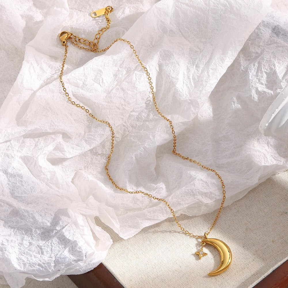 E.B.belle Creative Crescent Moon Star Pendant Necklace 18K Gold Plated Stainless Steel Women Party Statement Jewerly Accessories