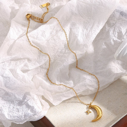 E.B.belle Creative Crescent Moon Star Pendant Necklace 18K Gold Plated Stainless Steel Women Party Statement Jewerly Accessories