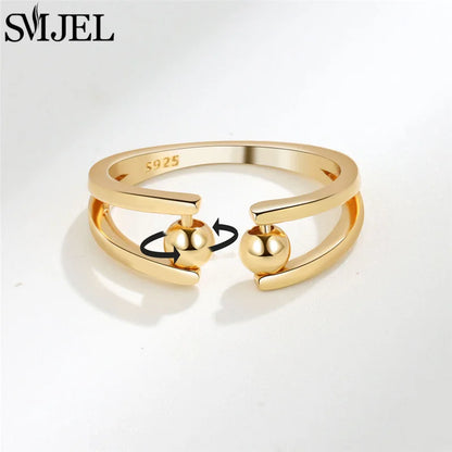Fashion Anxiety Fidget Rings Adjustable for Women Simple Gold Color Round Beads Rotate Freely Ring Jewelry Anti Stress Gifts