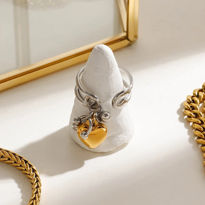 Youthway Modern Design Minimalist Stainless Steel Gold Heart Pendant Double Layer Opening Ring For Women Waterproof  Jewelry New