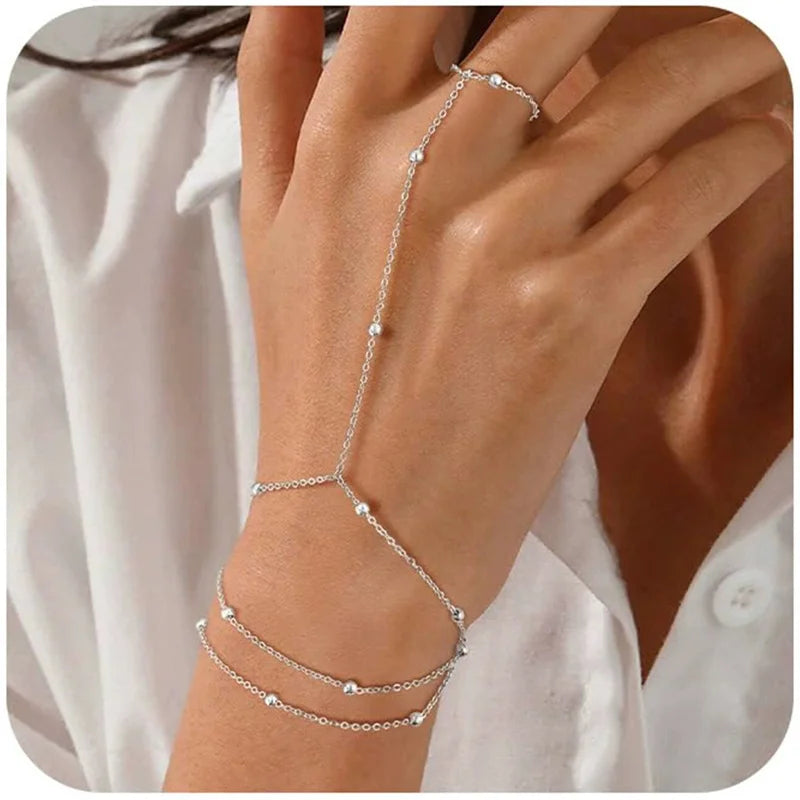 Gold Bracelets for Women, 14K Gold Plated/Silver Hand Chain Bracelet for Women Trendy Finger Ring Bracelet Hand Chain Dainty Adjustable Hand Chain Jewelry Gifts for Women